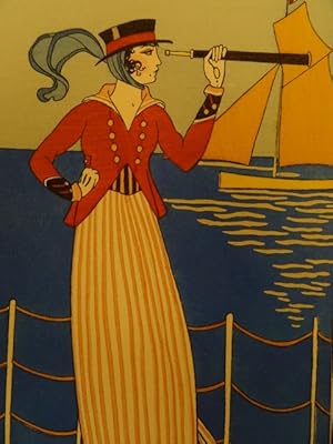 Costume de Yacht: veste de drap, jupe de toile, chapeau de cuir. Kolorierte Lithographie von G. B...