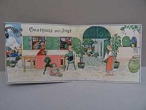 Bild des Verkufers fr 7 farbig illustrierte Doppeltafeln mit Einsteckschlitzen fr ausgestanzte farbige Figuren, von denen hier 17 (von 28) vorhanden sind. Aus: Aus dem kleinen alten Stdtchen. Oldenburg, Stalling, um 1925. Format der Tafeln jeweils 28 x 63,5 cm. Auf krftigem Karton. zum Verkauf von Antiquariat Daniel Schramm e.K.