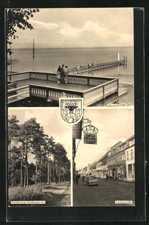 Ansichtskarte Goldberg / Meckl., Seebrücke am Goldberger See, Friedensstrasse, Stadtforst