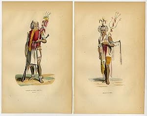 2 Antique Prints-TIMOR-COSTUME-TRADITIONAL-WARRIOR-HERALD-MUSKET-Wahlen-1844