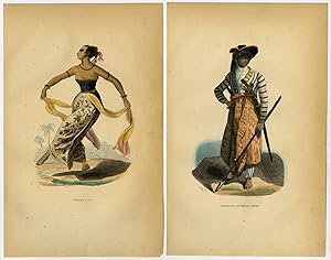 4 Antique Prints-JAVA-INDONESIA-COSTUME-DRESS-DANCE-COURT-WARRIOR-Wahlen-1844