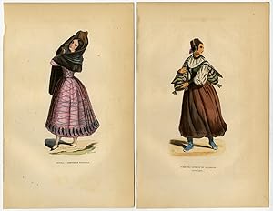 5 Antique Prints-SPAIN-COSTUME-FASHION-PICADOR-VALLADOLID-MURCIA-Wahlen-1844