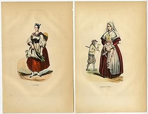 3 Antique Prints-FRANCE-FASHION-COSTUME-ALSACE-BRITTANY-MACON-Wahlen-1844
