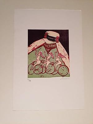 Omissis. Litografia originale. Mino Maccari. Harem in bicicletta.