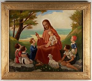 Jesus in Kreise der Kinder. Kindersegnung. Neorealistische Malerei aus den 1930 Jahren. Original-...