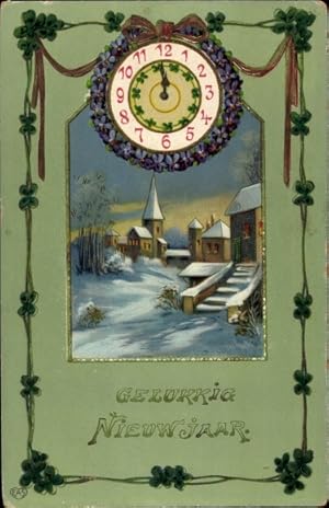 Präge Litho Glückwunsch Neujahr, Ortschaft im Winter, Uhr, Kleeblätter, Veilchen - Verlag: EAS