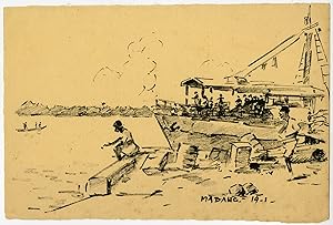 Antique Drawing-MADANG-QUAY-SHIP-PAPUA NEW GUINEA-Ligtelijn-1967