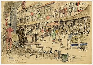 Antique Drawing-SINGAPORE-CHINESE QUARTER-STREET SCENE-Ligtelijn-1967