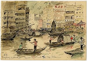 Antique Drawing-ABERDEEN-HONG KONG-TAI PAK-FLOATING VILLAGE-Ligtelijn-1967