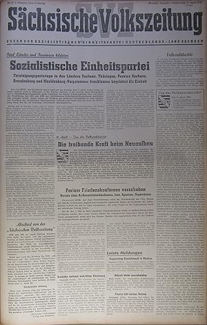 Imagen del vendedor de Schsische Volkszeitung. Organ der Kommunistischen Partei Deutschlands, Bezirk Sachsen. 1. Jahrgang (Nr. 4 - 128) [ohne 1, 2, 3, 5, 8, 10, 11, 13, 17, 23, 30, 31, 32, 33, 40, 41, 61, 72, 104, 105, 119] (20. Juli 1945 - 31. Dezember 1945) / 2. Jahrgang Nr. 1 - 82 [ohne 2, 70, 76, 79, 80] (3. Januar 1946 - 11. April 1946) a la venta por Rotes Antiquariat