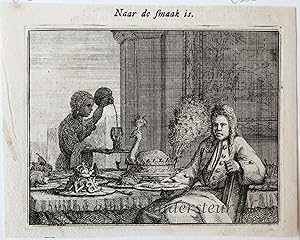 [Original etching] Naar de smaak is. [S. Spinneker 'Leerzame Zinnebeelden'], ca 1717-1757.