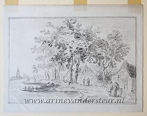 [Antique drawing] River landscape with houses (rivierlandschap met huizen), ca. 1850-1900.