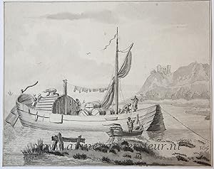 [Antique drawing] Boat on a river (boot op rivier), ca. 1800-1850.