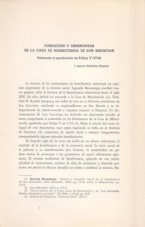 Seller image for FUNDACION Y ORDENANZAS DE LA CASA DE MISERICORDIA DE SAN SEBASTIAN, PATRONATO Y APROBACION DE FELIPE V (1714) - PAIS VASCO - (EXTRAIDO ORIGINAL DEL AO 1968, ESTUDIO COMPLETO TEXTO INTEGRO) for sale by Libreria 7 Soles