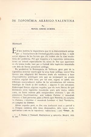 Seller image for DE TOPONIMIA ARABIGO VALENTINA (EXTRAIDO ORIGINAL DEL AO 1951, ESTUDIO COMPLETO TEXTO INTEGRO) for sale by Libreria 7 Soles