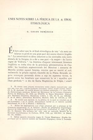 Seller image for UNES NOTES SOBRE LA PERDUA DE LA ,R, FINAL ETIMOLOGICA (EXTRAIDO ORIGINAL DEL AO 1952, ESTUDIO COMPLETO TEXTO INTEGRO) for sale by Libreria 7 Soles