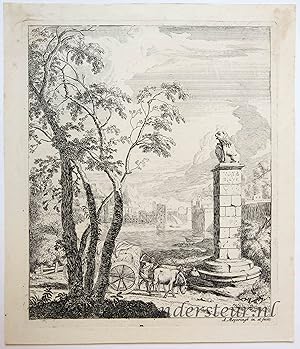 [Antique print, etching and engraving] Landscape with a cart and a monument, published ca. 1695-1...