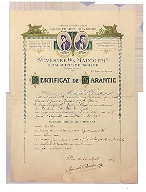 Seller image for [1924 A Stradivarius violin certificate of guarantee given by Silvestre & Maucotel, Luthiers-Experts to Monsieur J. G. Brun, and then Claude Lebet to buyer famous Turkish violin player Glden Turali for Stradivarius violin made by Paolo Casteller in Genoa in 1775 & [1989 A stradivarius violin certificate given by Claude Lebet to famous Turkish violin player Glden Turali]. for sale by Khalkedon Rare Books, IOBA