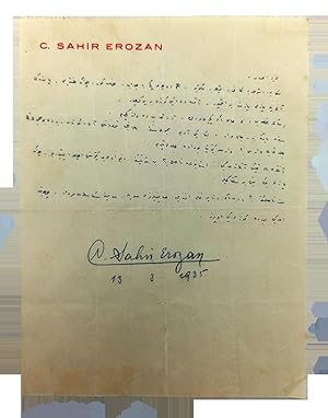 Bild des Verkufers fr Autograph letter signed 'Cell Sahir Erozan'. zum Verkauf von Khalkedon Rare Books, IOBA