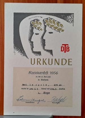 URKUNDE "für Emil Leopold TV 1846 Karlsruhe (KTV) (1. Sieger beim Kreisturnfest 14.-16. Juli 1956...