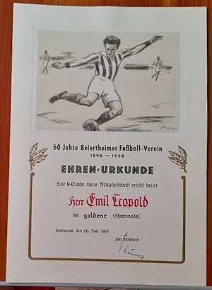 EHRENURKUNDE für Emil Leopold für 40jährige Mitgliedschaft beim Beiertheimer Fußballverein 1898 e...