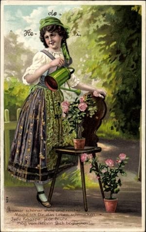 Präge Litho Frau im Dirndl gießt Rosen, Gärtnerin