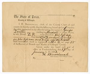 [PARTIALLY-PRINTED CATTLE BRAND REGISTRATION CERTIFICATE, COMPLETED IN MANUSCRIPT, FROM GILLESPIE...