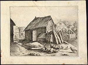 Antique Print-LANDSCAPE-FARM VILLAGE-GOAT-CHICKEN-Matthaus Merian-1610
