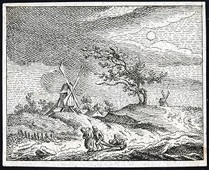 Antique Master Print-MOONLIGHT-LANDSCAPE-FAMILY-POVERTY-Chereau-ca. 1700