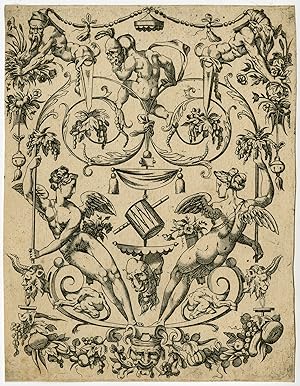 Rare Antique Print-ORNAMENT-FONTAINEBLEAU-MASK-GENIE-Du Cerceau-Boyvin-ca. 1560