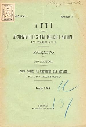 Seller image for Nuove ricerche sull'assorbimento della Ferratina e sulla sua azione biologica Luglio 1894 for sale by Biblioteca di Babele