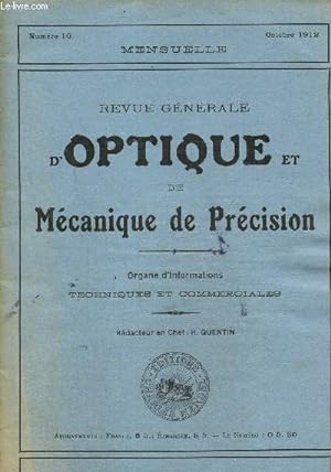 Bild des Verkufers fr Revue gnrale d'optique et de mcanique de prcision N 10, octobre 1912- zum Verkauf von Le-Livre
