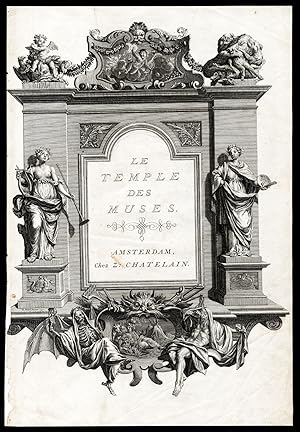 Antique Mythology Print-FRONTISPIECE-TEMPLE-SINGING-GODESSES-Picart-1733