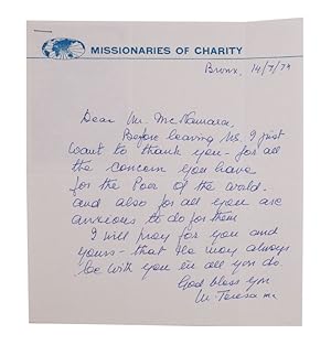 Seller image for Autograph letter, signed ("M. Teresa M.C."), to Robert MacNamara, thanking him "for all the concern you have for the poor of the world" for sale by James Cummins Bookseller, ABAA