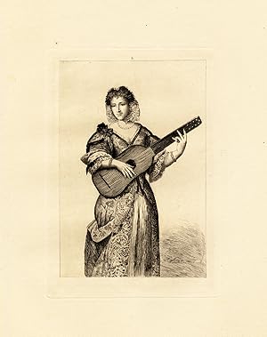 Antique Print-MOLIERE-WIFE-ARMANDE BEJART-VENETIAN COSTUME-GUITAR-Houssaye-1880