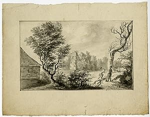 Antique Drawing-LOGGERS-VILLAGE-TREE-Anonymous-ca. 1800