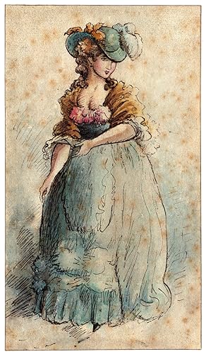 Antique Drawing- CHARMING LADY IN DRESS-HAT-Anonymous-c. 1800