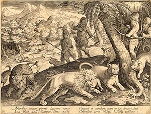 Antique Hunting Print-LION-PANTHER-INDIA-Stradanus-1636