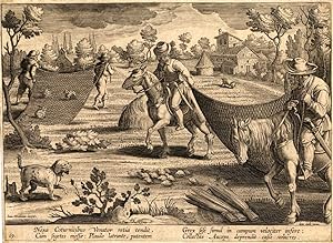 Antique Hunting Print-QUAIL-RABBIT-Stradanus-1636