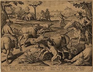 Antique Hunting Print-BUFFALO-HORSES-Stradanus-1636