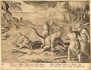 Antique Hunting Print-CROCODILES-EGYPT-Stradanus-1636