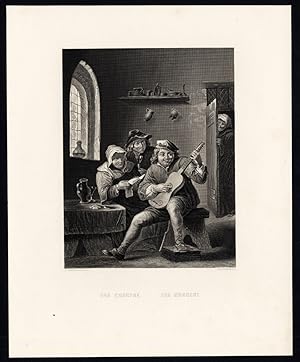 Antique Print-PLAYING MUSIC-STRINGED INSTRUMENT-GUITAR-French-Teniers-1850
