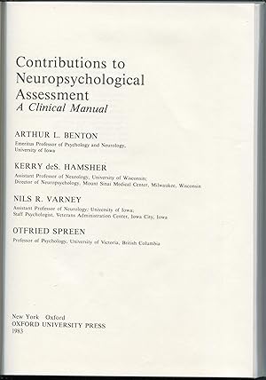 Immagine del venditore per Contributions to Neuropsychological Assessment, A Clinical Manual venduto da RT Books