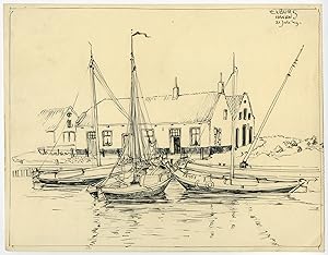 Antique Drawing-HARBOUR-SHIP-ELBURG-Anonymous-1949