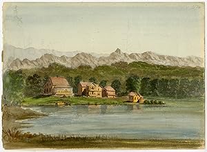 Antique Drawing-LANDSCAPE-LAKE HOUSE-MOUNTAIN-FOREST-Anonymous-ca. 1950