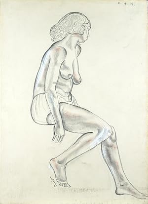 Seller image for Pencil sketch of a seated nude figure, looking away for sale by Bromer Booksellers, Inc., ABAA