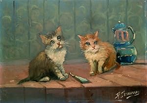2 kleine französische Katzen, original Ölgemälde