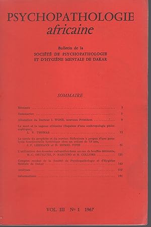 Immagine del venditore per Psychopathologie africaine. - Bulletin de la Socit de Psychopathologie et d'Hygine Mentale de Dakar. - Vol. III - N 1 venduto da PRISCA