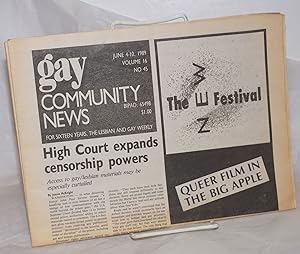 Image du vendeur pour GCN: Gay Community News; the weekly for lesbians and gay males; vol. 16, #45, June 4-10, 1989; Queer Film in the Big Apple mis en vente par Bolerium Books Inc.