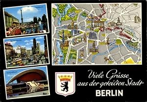 Wappen Ansichtskarte / Postkarte Berlin Mitte, Funkturm, Gedächtniskirche, Kongresshalle, Stadtplan